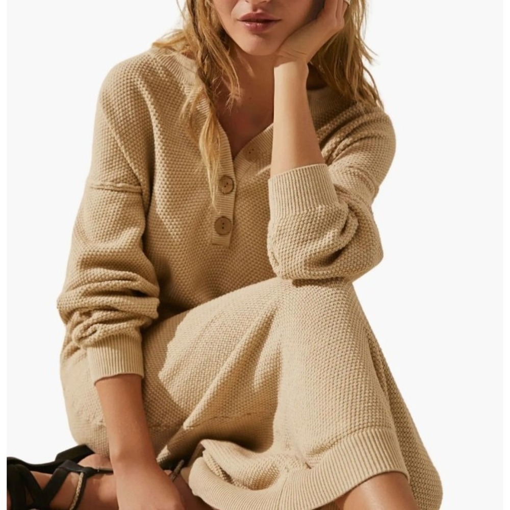 Free People Hailee Long Sleeve Cotton Sweater Dress M Relaxed Quiet Luxury - Picture 2 of 9